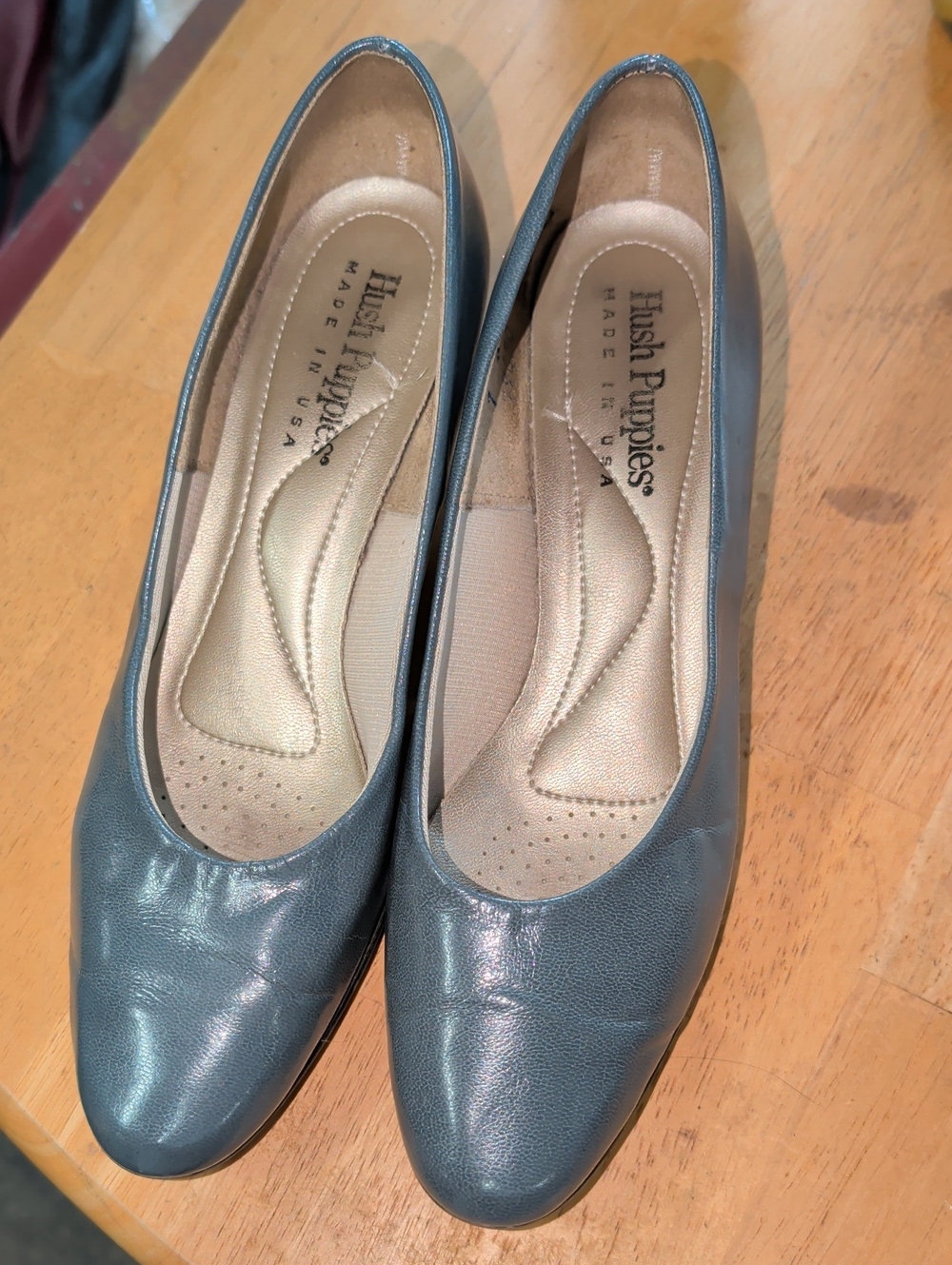 Vtg. Hush Puppies Angel II Slate Gray Leather Pumps Low Kitten Heel